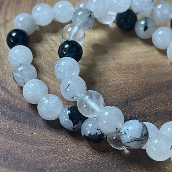 Rutilated quartz rutile tourmaline beaded bead stretch bracelet 8mm NEW handmade - Picture 1 of 8